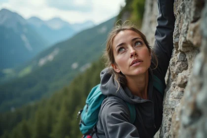 Femme grimpeuse concentrée sur une falaise rocheuse en extérieur