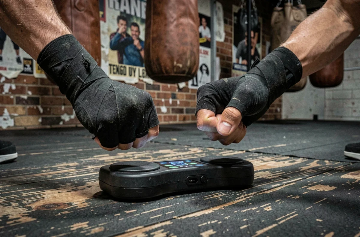 Gros plan de poings bandagés frappant un dispositif d'entraînement Beatpunch dans une salle de boxe urbaine authentique