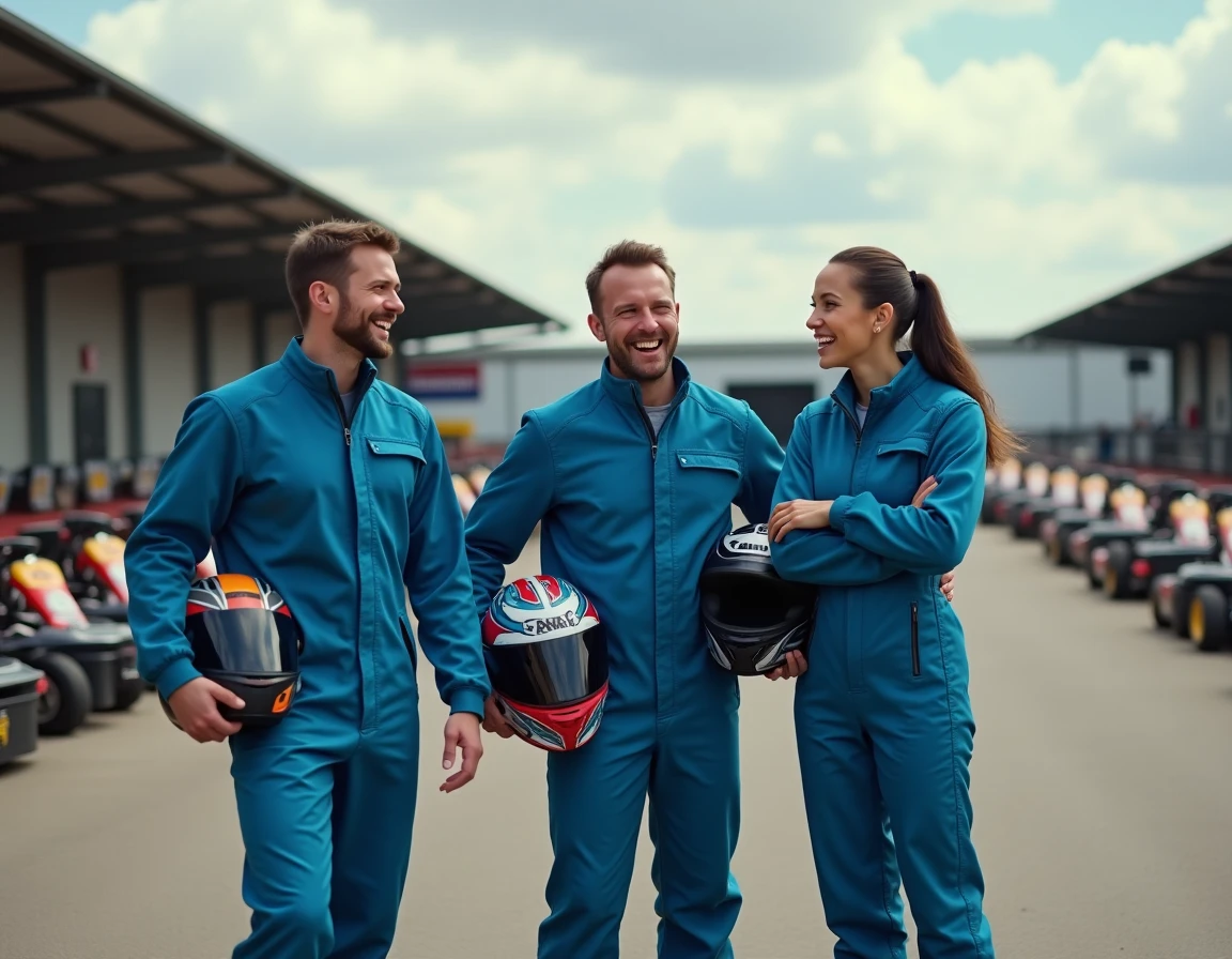 Groupe d'amis en combinaisons de karting souriant dans le paddock d'un circuit outdoor