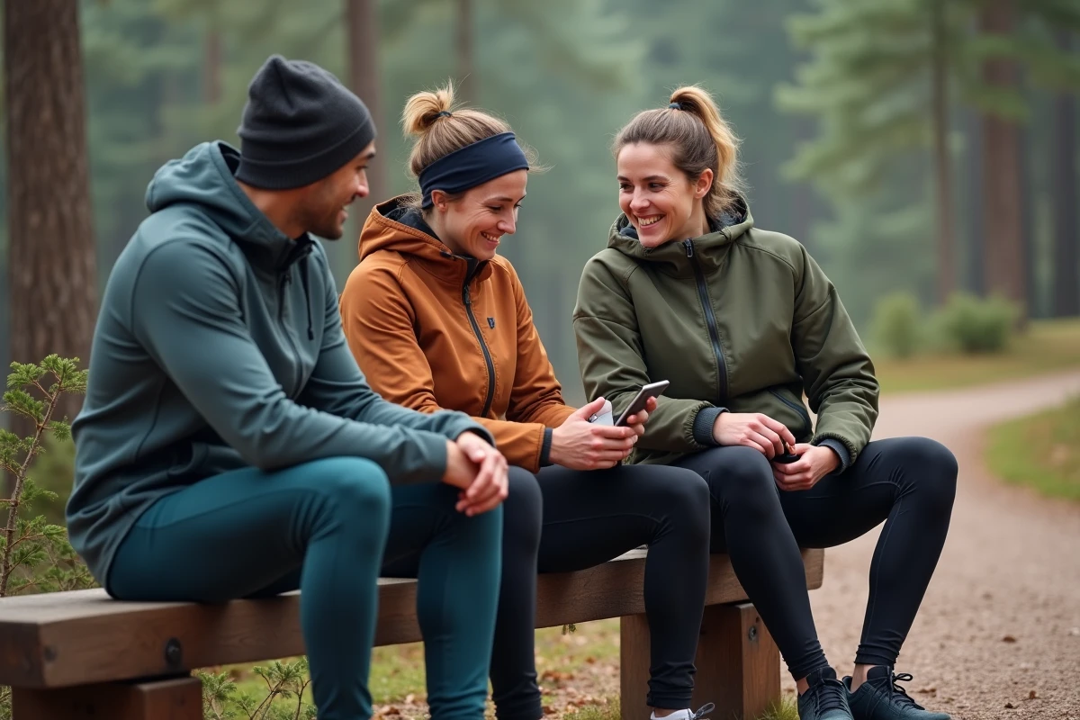 Groupe de coureurs analysant leurs temps au kilomètre sur smartphone après un entraînement trail en forêt