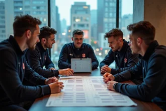 Groupe de jeunes autour d'un ordinateur dans un lounge sportif