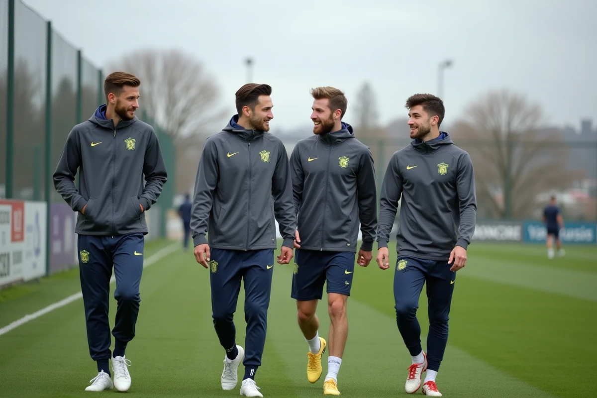Groupe de joueurs du FC Nantes en tenue d'entraînement discutant en bord de terrain, ambiance de préparation au mercato d'été 2026