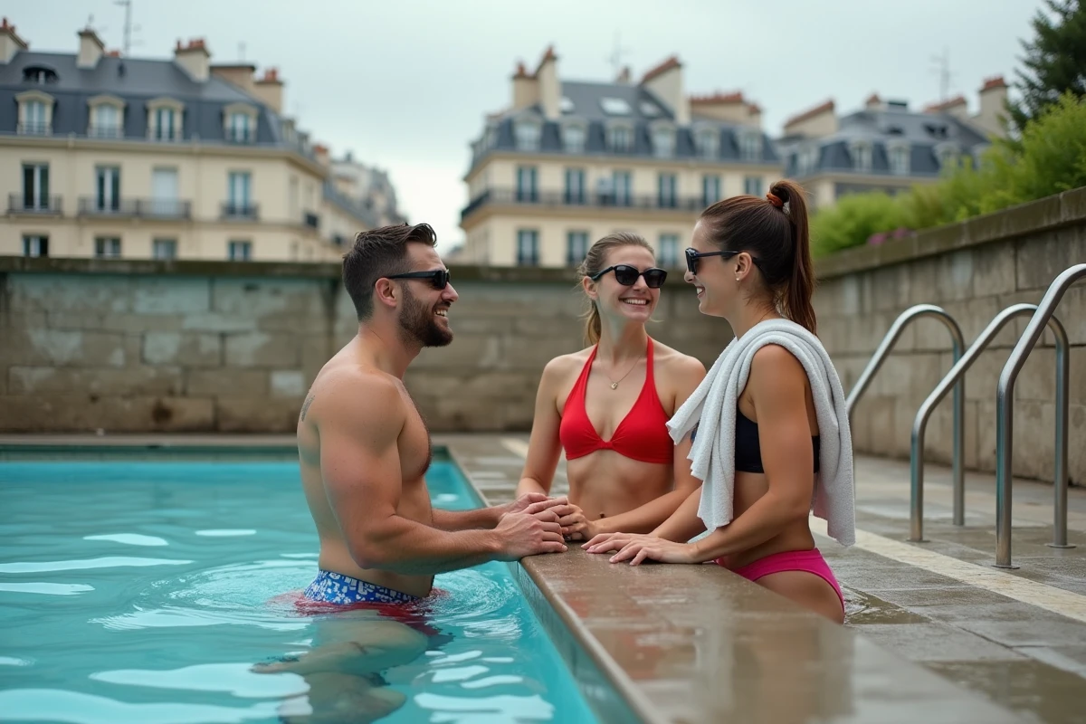 Groupe de nageurs souriants près de l'échelle du bassin extérieur de la piscine Butte aux Cailles avec les toits de Paris en arrière-plan