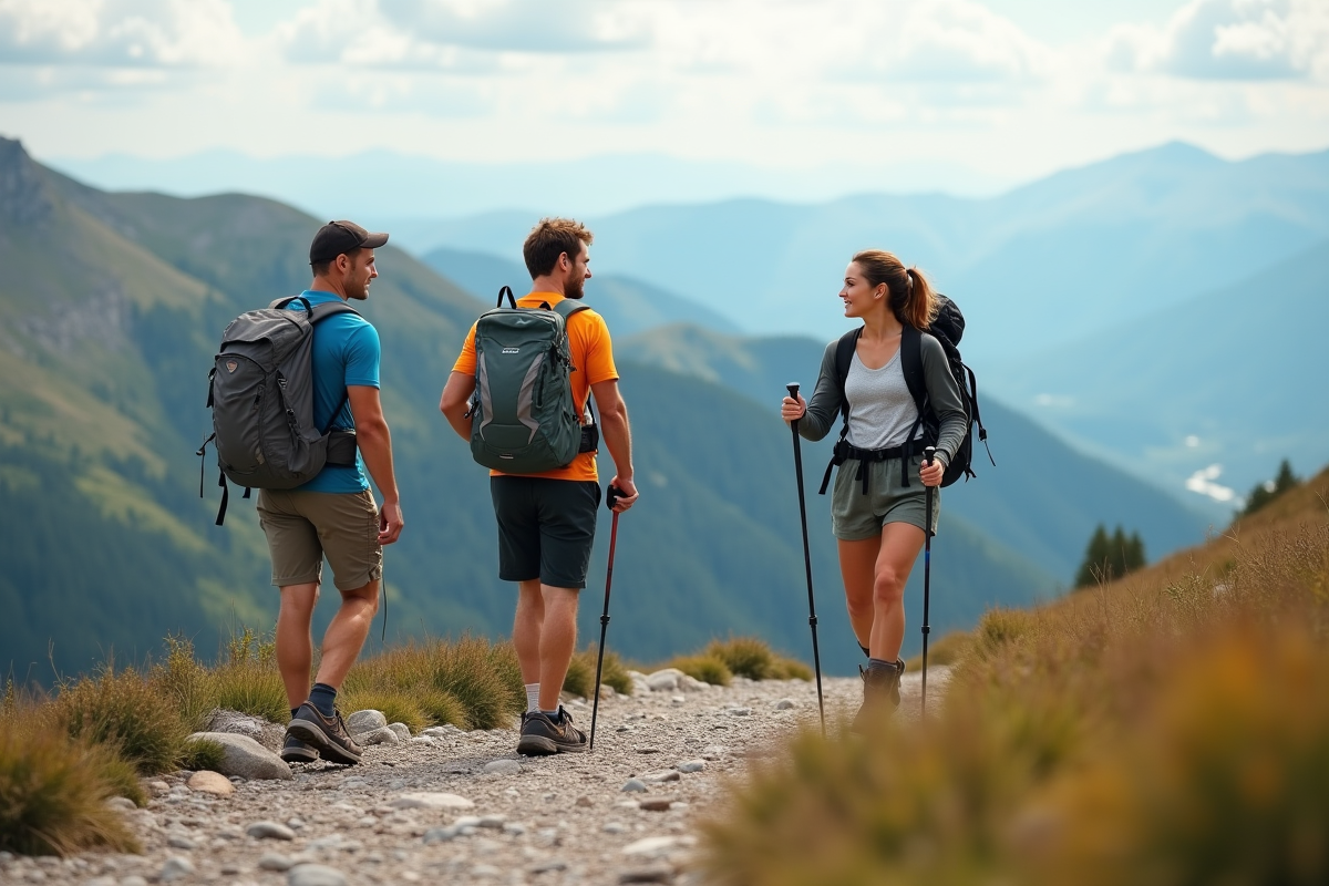 Groupe de randonneurs en montagne avec paysages panoramiques