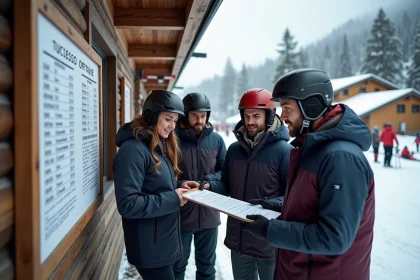 Groupe de skieurs adultes consultant les tarifs de forfait ski aux pieds des pistes des Arcs en hiver
