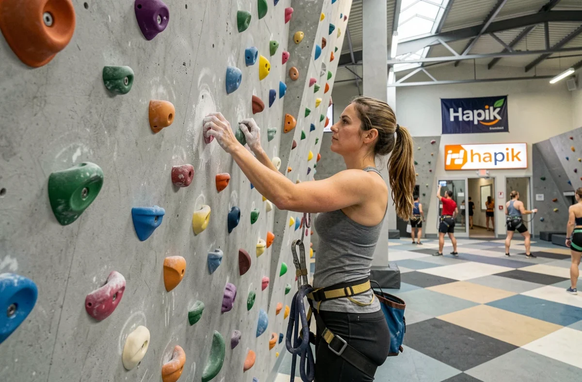 Grimpeuse se préparant sur le mur d'escalade de la salle Hapik à Mondeville