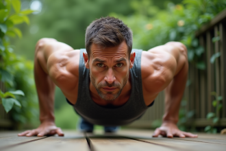 Homme sportif en pleine pompe en extérieur sur un deck