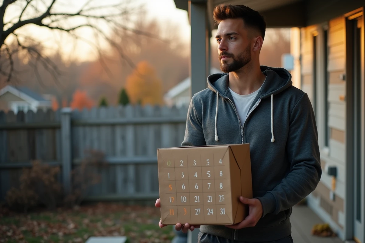 Homme sportif tenant un calendrier de l'Avent fitness sur une terrasse en bois par une matinée d'automne