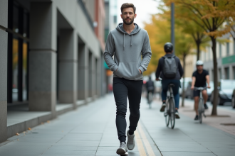 Homme en jogging urbain marche rapidement dans la ville