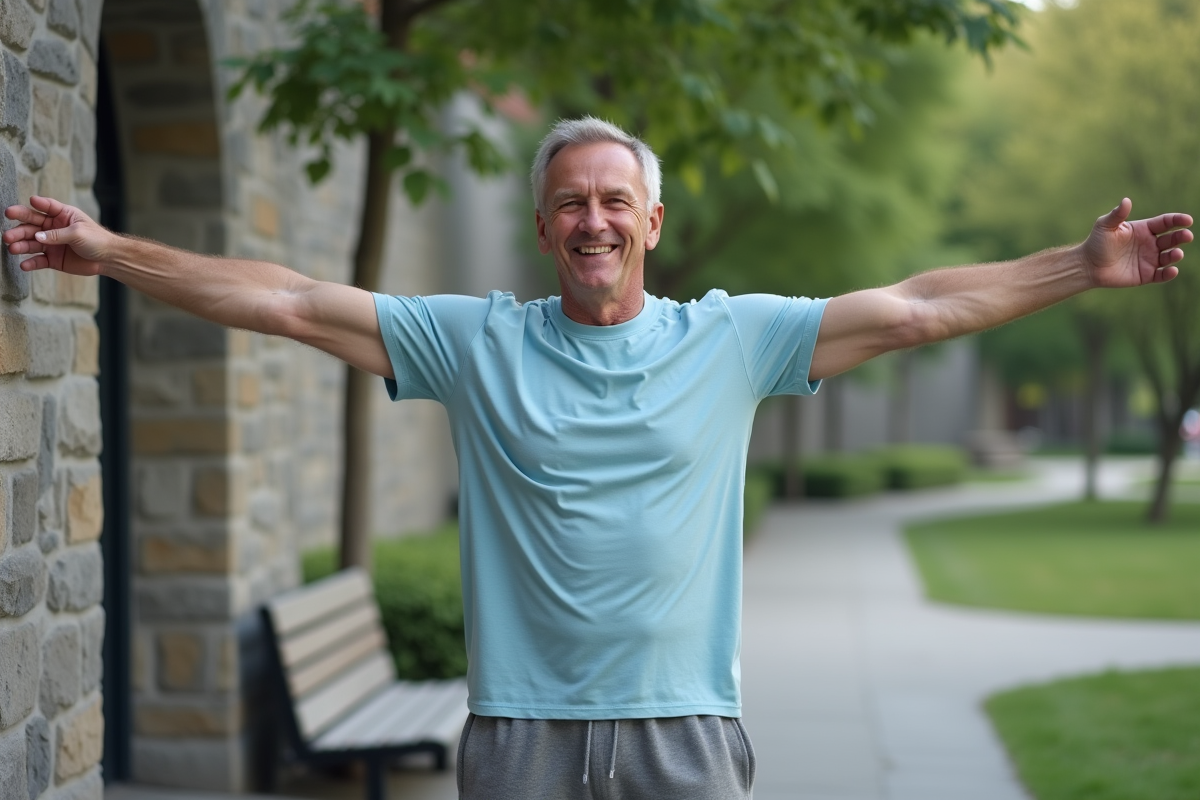Homme mature faisant un étirement contre un mur dans un parc