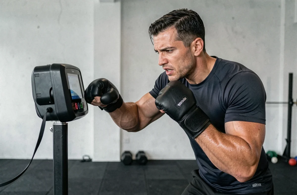 Homme en tenue de sport frappant un appareil d'entraînement Beatpunch dans une salle de gym minimaliste moderne