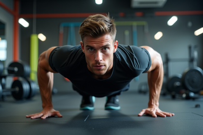 Jeune homme musclé faisant des pompes en salle de sport
