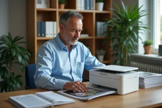 Homme d'âge moyen utilisant une imprimante à domicile