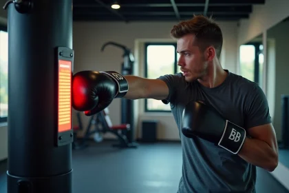 Homme utilisant une machine &agrave; boxe musicale dans une salle de sport moderne