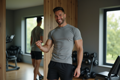 Homme musclé en salle de sport moderne en train de se muscler