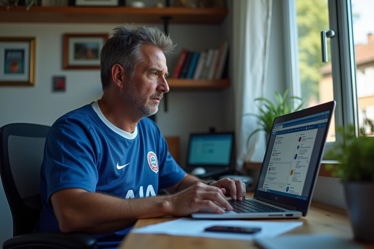 Homme en maillot AJA travaillant à son bureau