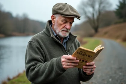 Homme &acirc;g&eacute; examine son permis de p&ecirc;che pr&egrave;s d'une rivi&egrave;re