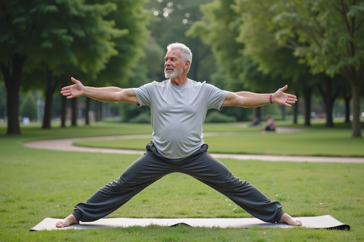 Homme faisant du Pilates dans un parc naturel