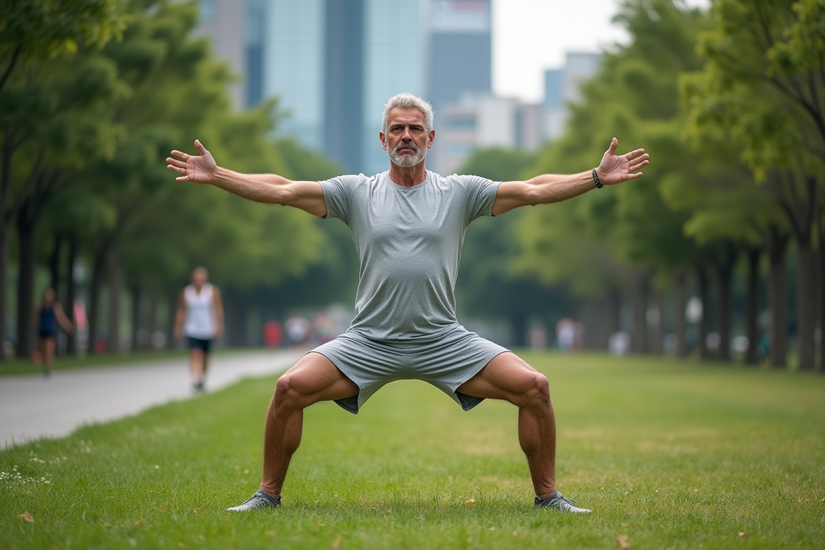Homme en power yoga dans un parc urbain
