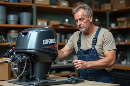 Homme en overalls examine un moteur de bateau en atelier