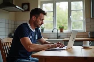 Homme d'âge moyen vérifiant résultats rugby sur ordinateur