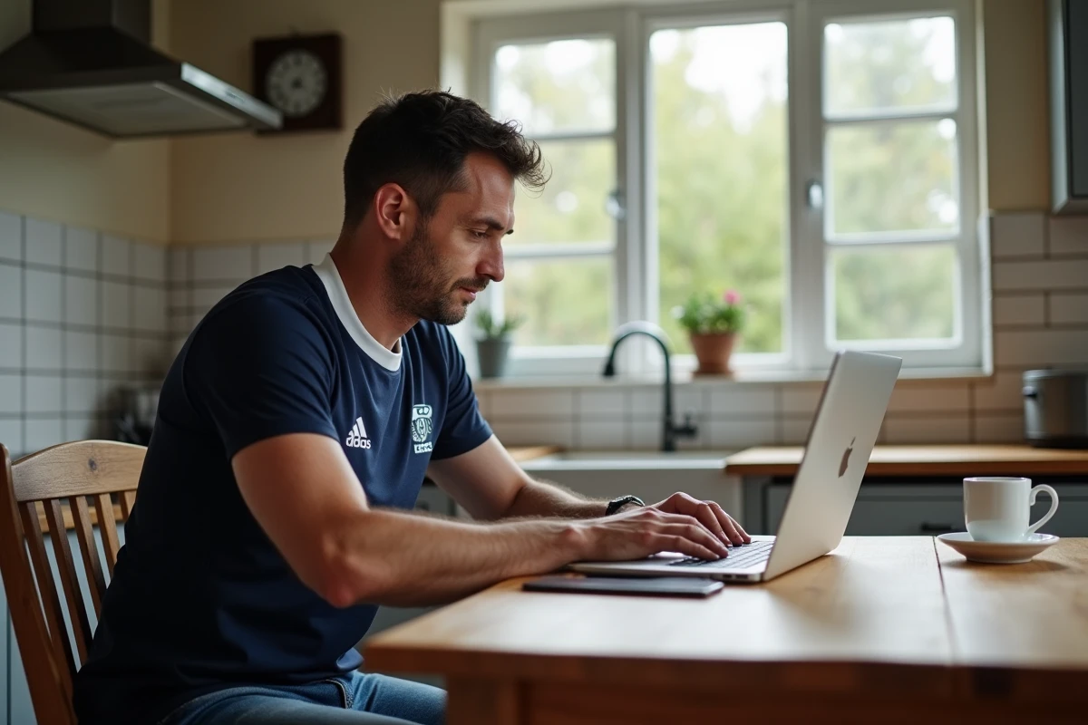 Homme d'âge moyen vérifiant résultats rugby sur ordinateur
