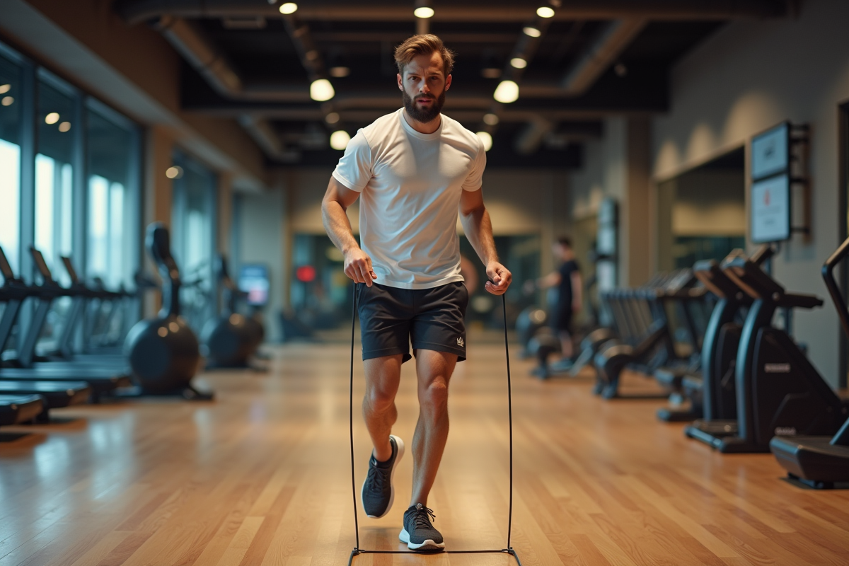 Homme en salle de sport faisant du saut à la corde