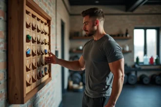 Homme sportif ouvrant une case de calendrier de l'Avent fitness dans une salle de sport moderne