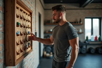 Homme sportif ouvrant une case de calendrier de l'Avent fitness dans une salle de sport moderne