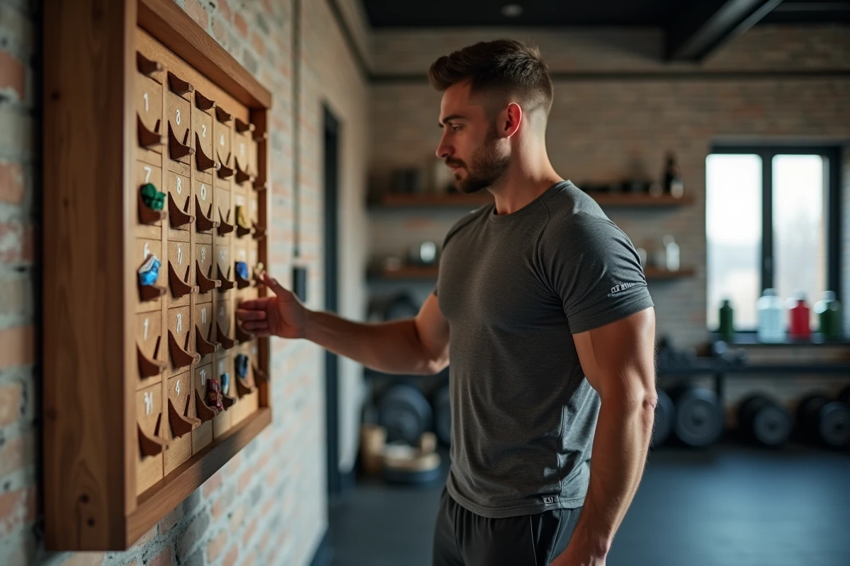 Homme sportif ouvrant une case de calendrier de l'Avent fitness dans une salle de sport moderne