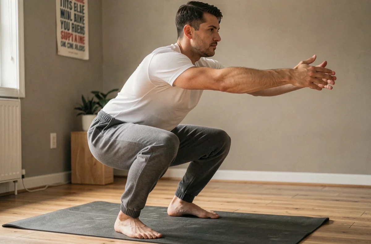 Homme débutant pratiquant un squat au poids du corps à la maison sur tapis de yoga, alignement parfait du dos et des genoux