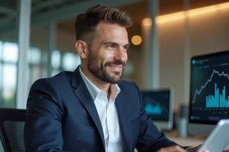 Homme en costume navy au bureau avec tablette