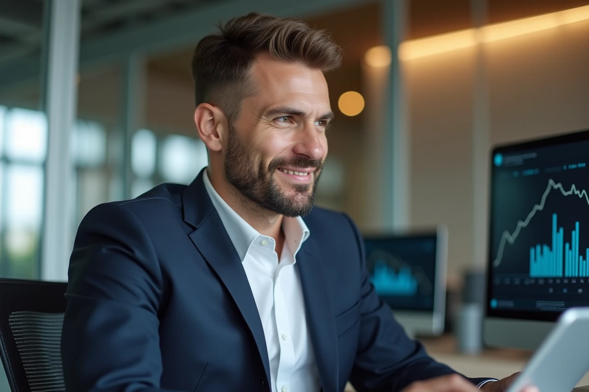 Homme en costume navy au bureau avec tablette