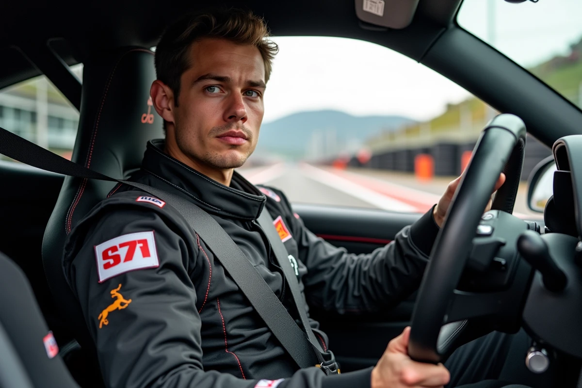 Jeune homme en combinaison dans une voiture de course