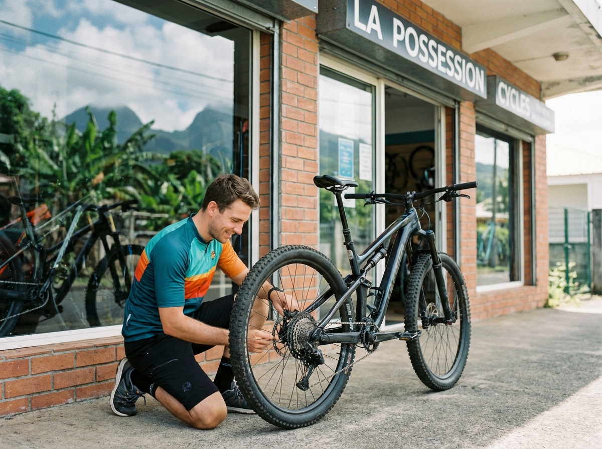 Jeune homme souriant avec vélo en extérieur à La Possession