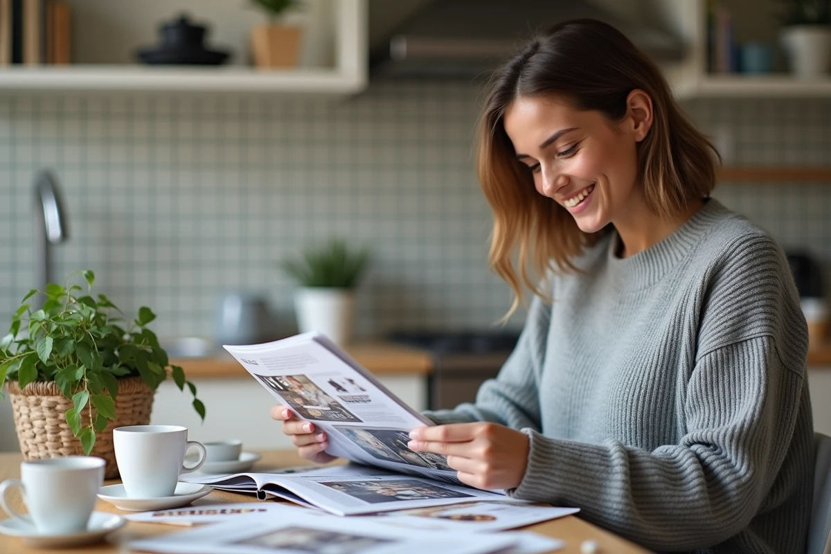 Jeune femme v&eacute;rifiant des pages imprim&eacute;es dans la cuisine