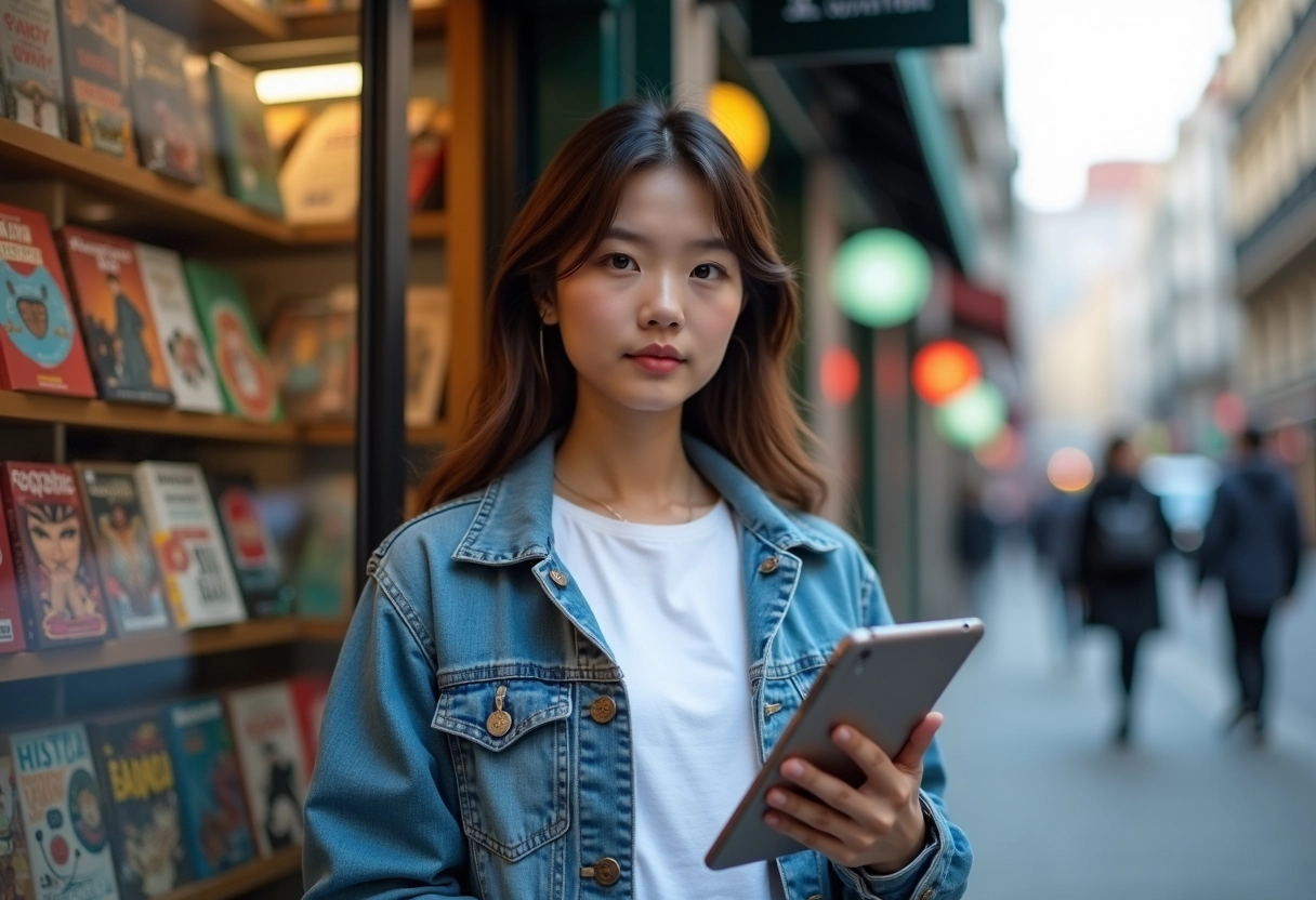 Jeune femme tenant une tablette avec manga devant une librairie urbaine