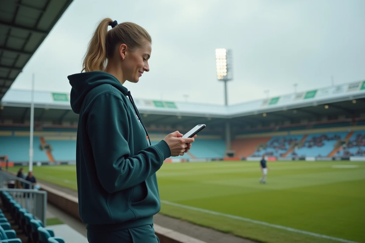 Jeune femme vérifiant scores rugby sur smartphone en extérieur