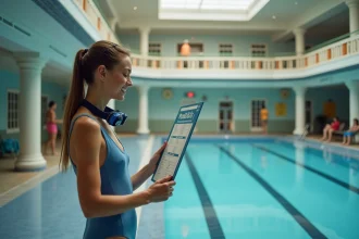 Jeune femme souriante en maillot bleu à la piscine Butte aux Cailles