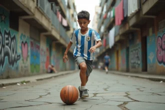 Jeune footballeur argentin dribblant sur un terrain en béton dans un quartier populaire de Buenos Aires