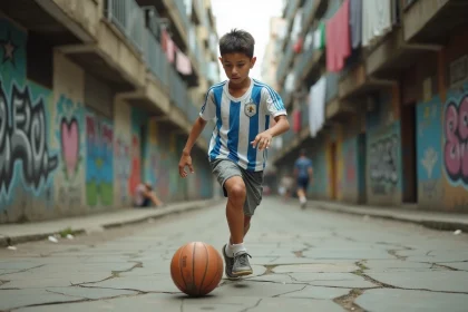 Jeune footballeur argentin dribblant sur un terrain en béton dans un quartier populaire de Buenos Aires