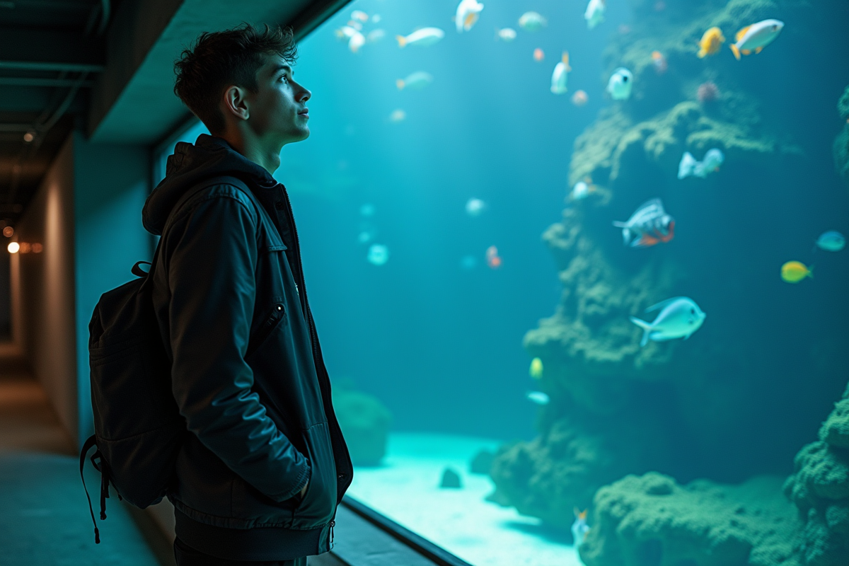 Jeune homme observant des poissons dans un aquarium intérieur