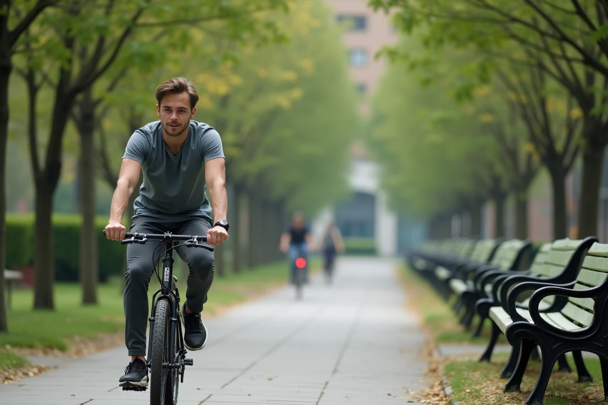 Jeune homme en vélo dans un parc urbain calme