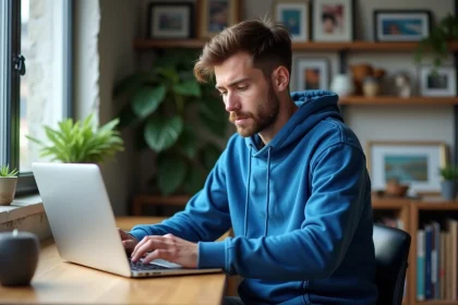 Jeune homme concentr&eacute; sur son ordinateur pour lire manga