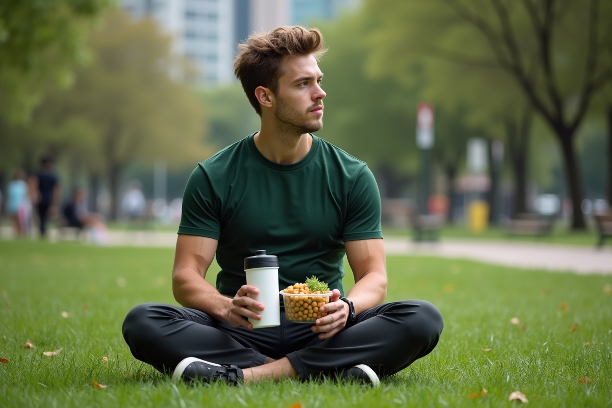 Jeune homme dans un parc urbain avec salade de pois chiches