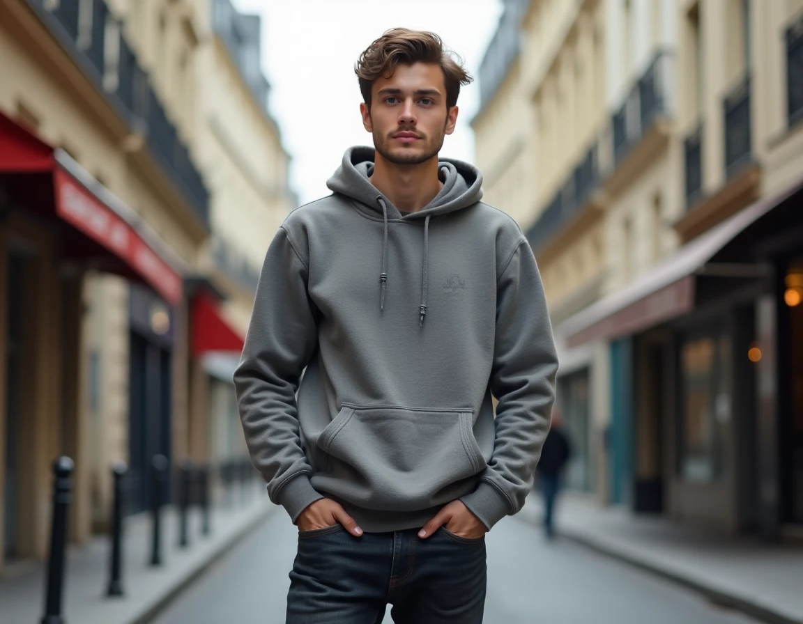 Jeune homme français debout dans une rue urbaine évoquant ses racines et son identité personnelle