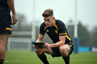 Jeune joueur de l'ASM Rugby en entraînement consultant une tablette tactique avec son entraîneur sur le terrain