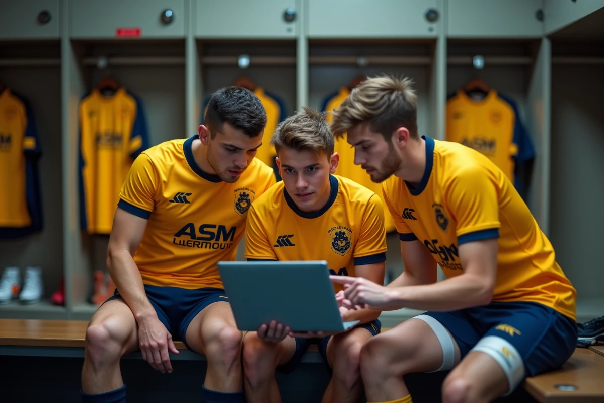 Groupe de jeunes joueurs de l'académie ASM Clermont analysant des statistiques sur un ordinateur portable dans le vestiaire