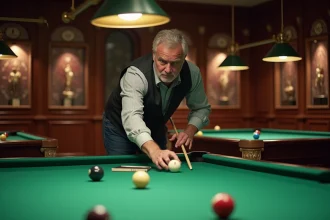 Homme d'âge moyen concentré près d'une table de billard