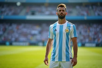 Joueur de l'équipe nationale argentine en maillot albiceleste sur le terrain lors d'un match officiel